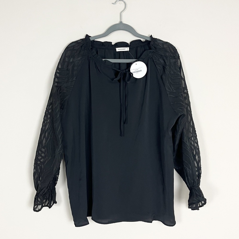 And The Why Black Ruffle Trim Blouse Tie Neck Sheer Sleeve Elastic Cuff 1X NWT